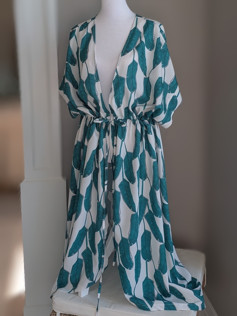 Green Leaf Print Swim Coverup with Drawstring Waist-20W - Picture 2 of 9